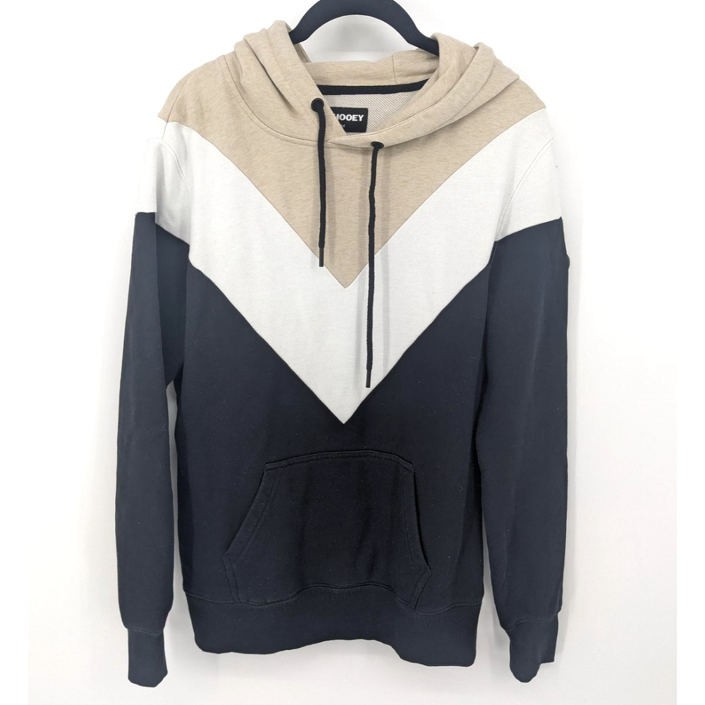 Hooey Hoodie Womens‎ Medium Black Tan Pullover Sweatshirt Colorblock Logo Casual